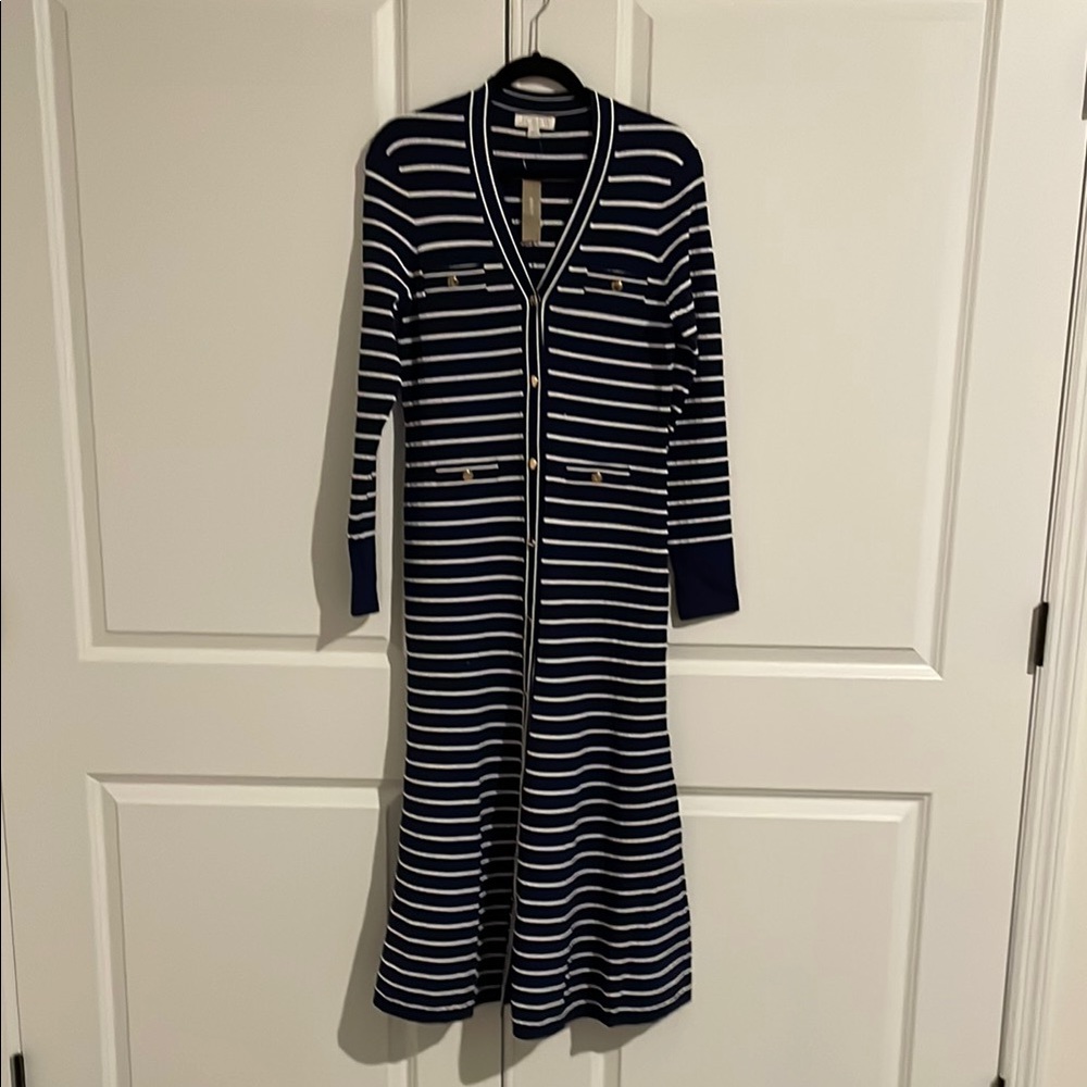 Navy and White Striped Dress with Gold Snaps